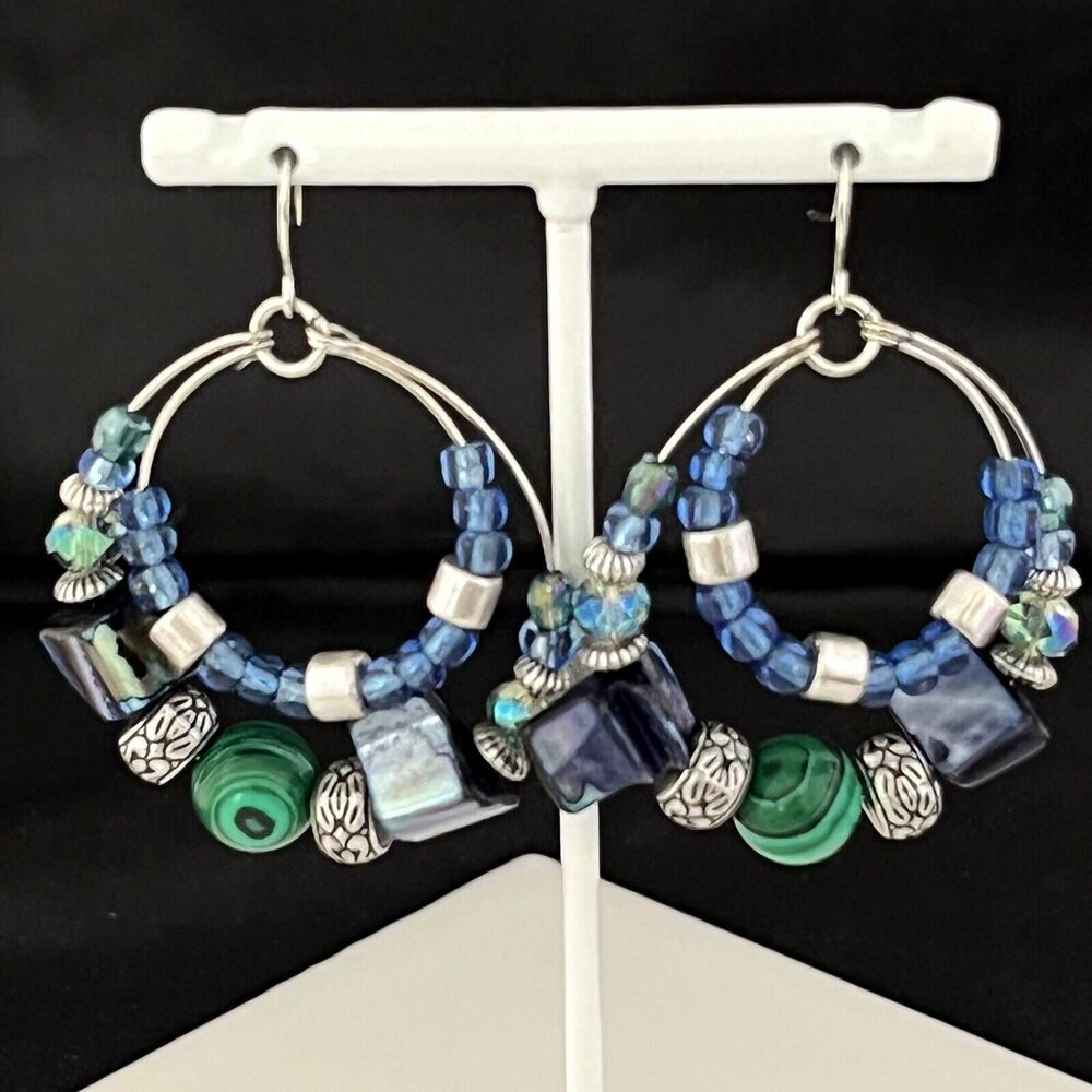 New Beaded Hoop Earrings Silver Tone Blue Shell Glass Stone Nautical - 4D